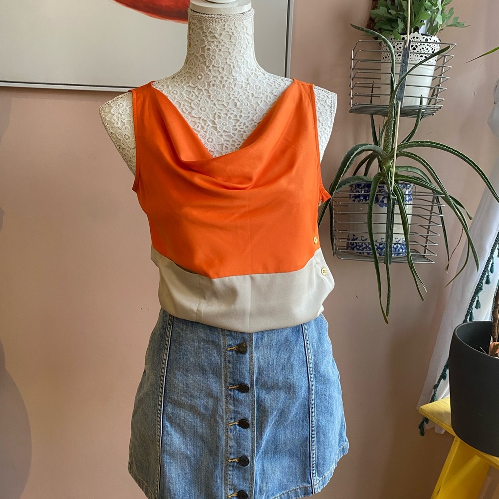 Colorblock Cowl Neck Sleeveless Top – Chic Casual Vintage Blouse, S/M